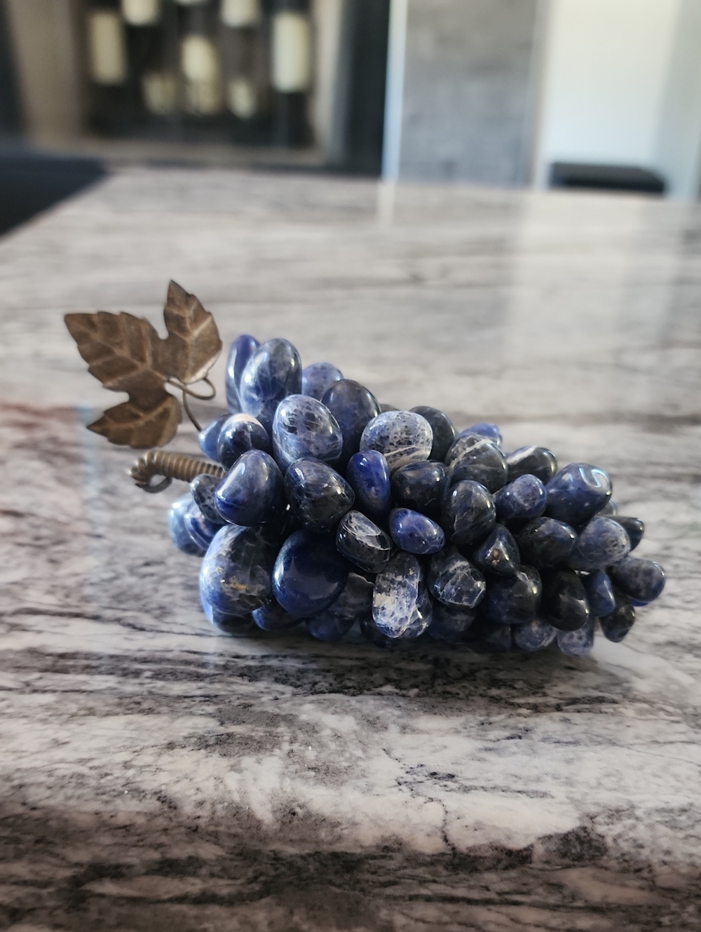 Vintage Blue Agate Stone Grape Cluster With Silver Plate Leaf Decor